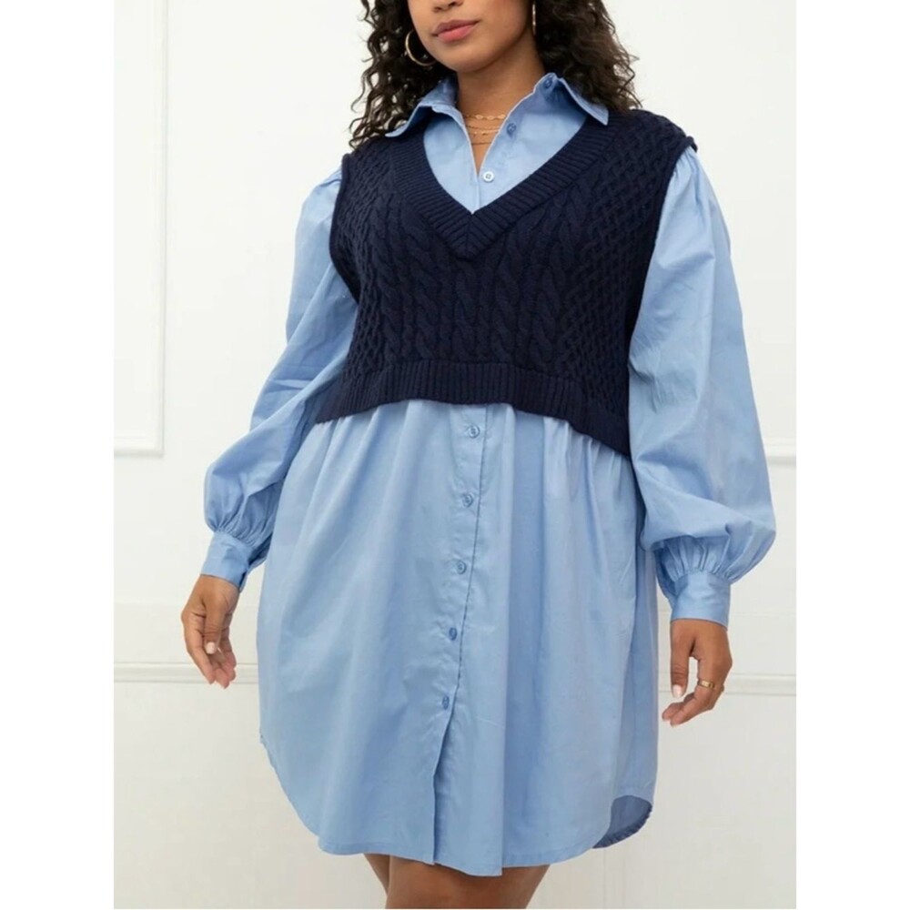 NWT Eloquii Elements Twofer Navy Knit Vest Over Light Blue Shirt Dress  14/16